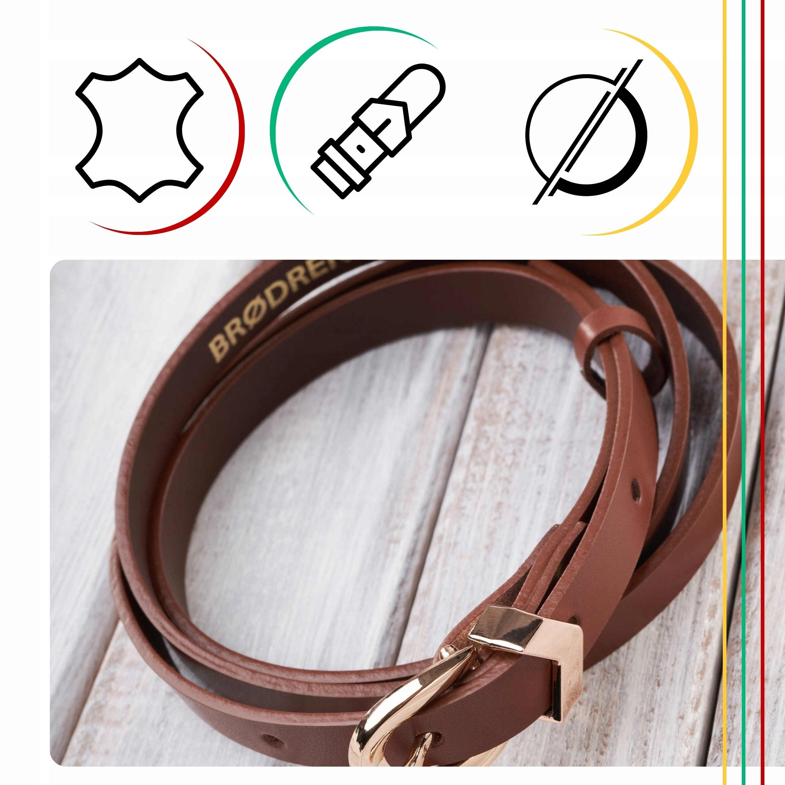Obraz przedstawia brązowy skórzany pasek z złotą klamrą, na którym widnieje napis \'BRØDRENE\'. W górnej części znajdują się trzy ikony: kształt skóry, zapięcie paska i przekreślone koło.