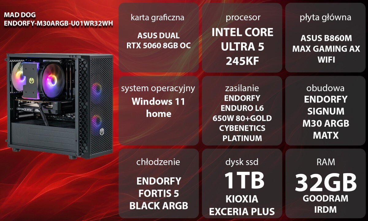 Obraz przedstawia komputer z podświetleniem RGB oraz specyfikację techniczną, w tym procesor Intel Core Ultra 5 245KF, kartę graficzną ASUS Dual RTX 5060 8GB OC, 32GB RAM i 1TB SSD. System operacyjny to Windows 11 Home, a obudowa to Endorfy Signum M30 ARGB MATX.