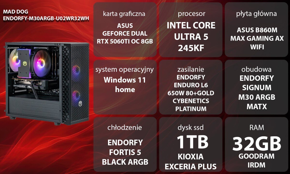 Obraz przedstawia komputer z podświetleniem RGB oraz specyfikację techniczną, w tym procesor Intel Core Ultra 5 245KF, kartę graficzną ASUS Dual RTX 5060 8GB OC, 32GB RAM i 1TB SSD. System operacyjny to Windows 11 Home, a obudowa to Endorfy Signum M30 ARGB MATX.