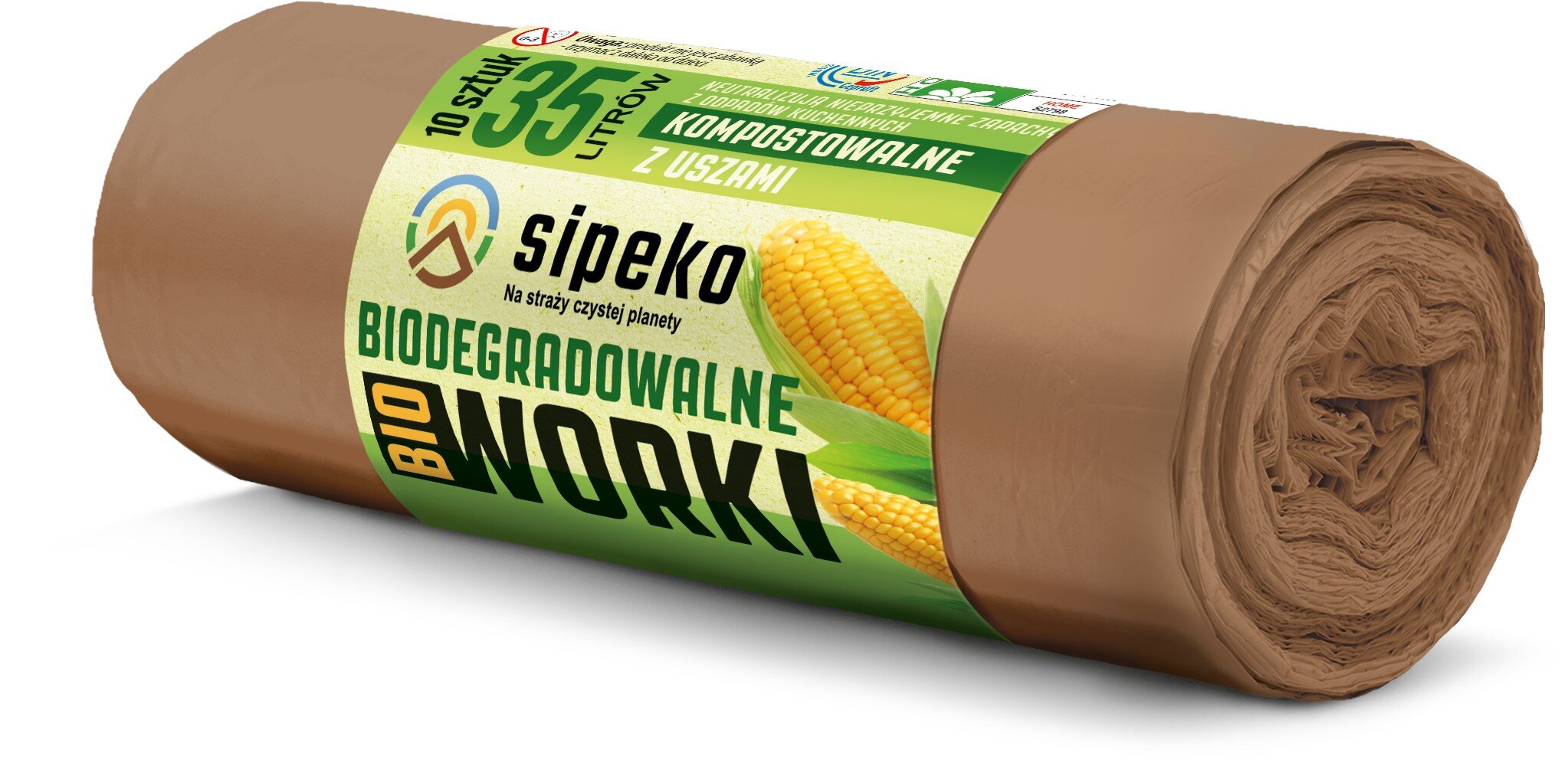 Brązowa rolka worków na śmieci z etykietą zawierającą tekst: \'10 sztuk, 35 litrów, kompostowalne z uszami, sipeko, na straży czystej planety, BIODEGRADOWALNE BIO WORKI\'.