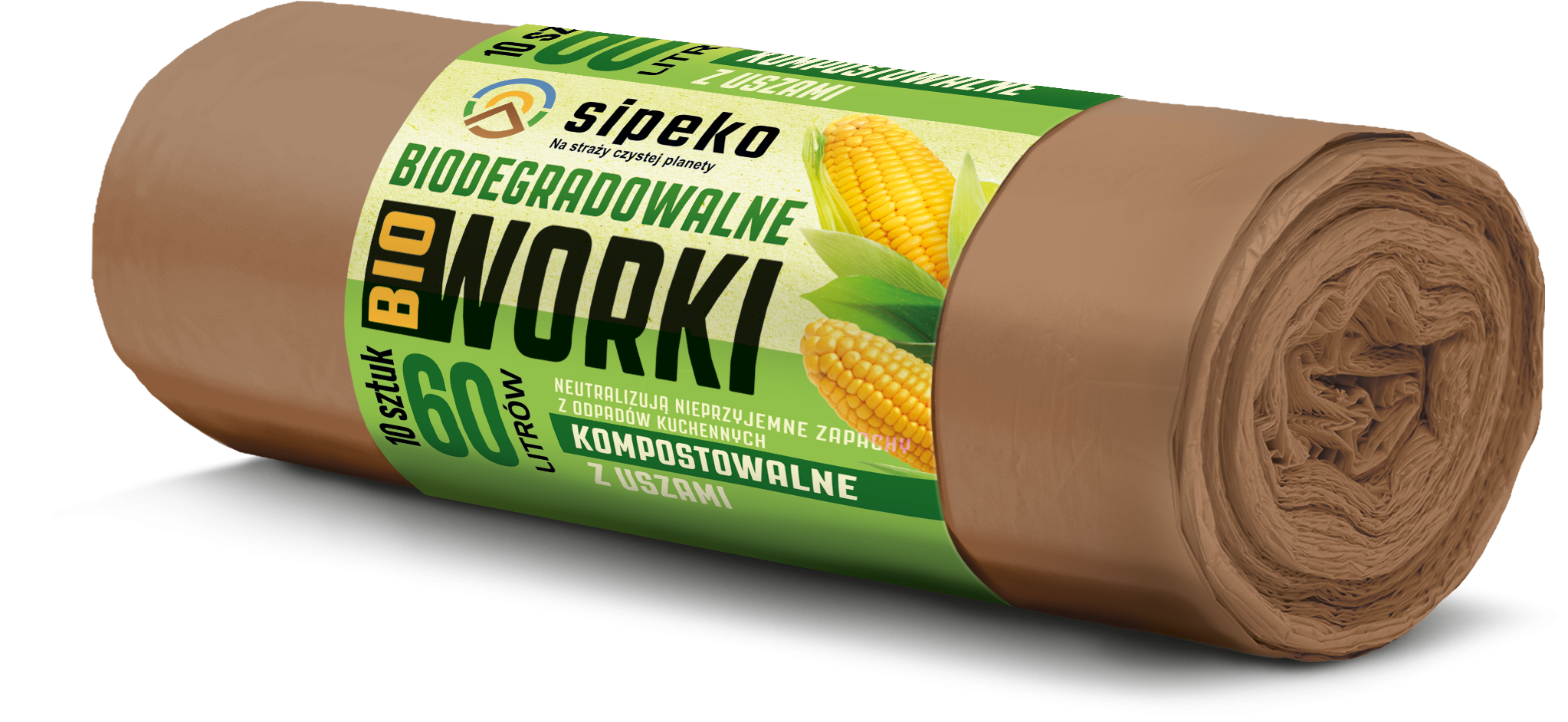 Rolka brązowych worków na śmieci z etykietą zawierającą tekst: \'sipeko\', \'BIODEGRADOWALNE\', \'BIO WORKI\', \'10 sztuk\', \'60 LITRÓW\', \'KOMPOSTOWALNE\', \'Z USZAMI\'.