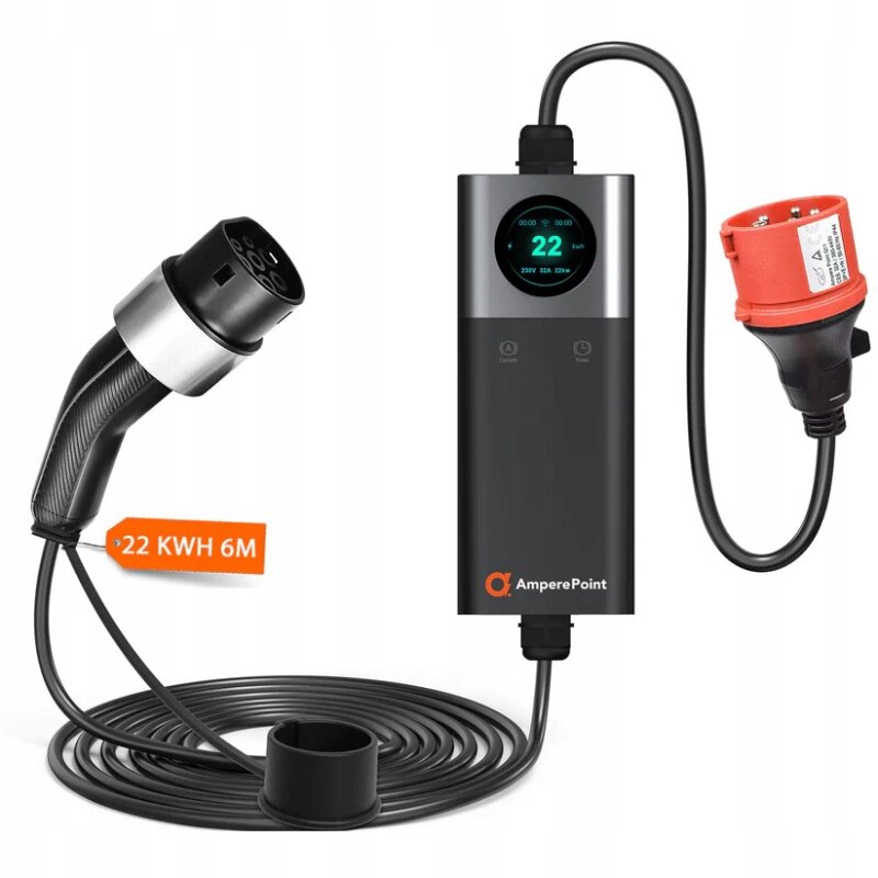 Na obrazie znajduje się ładowarka do samochodów elektrycznych z wyświetlaczem pokazującym \'22\'. Obok widoczny jest kabel z wtyczką oraz napis \'22 KWH 6M\'.