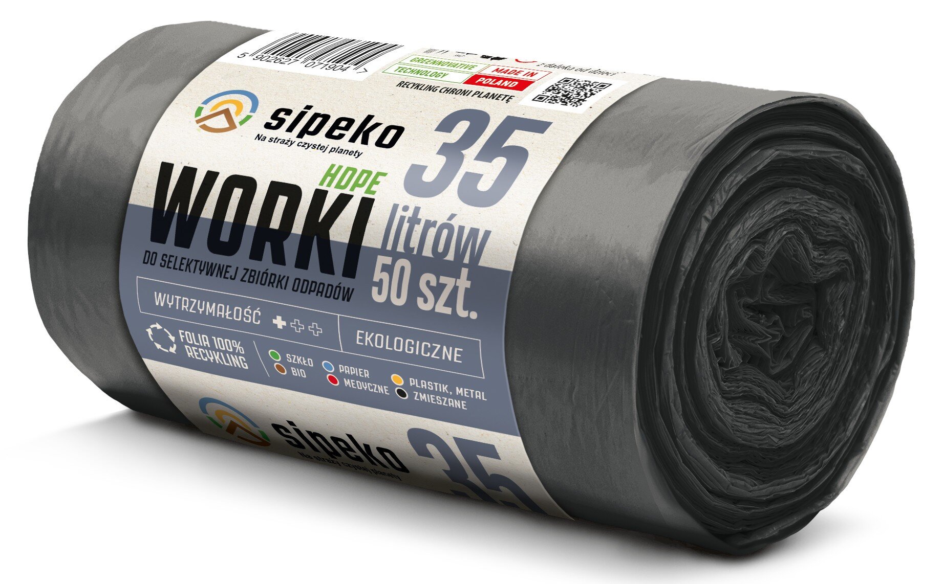 Rolka czarnych worków na śmieci z etykietą zawierającą tekst: \'sipeko HDPE WORKI 35 litrów 50 szt. DO SELEKTYWNEJ ZBIÓRKI ODPADÓW\'.