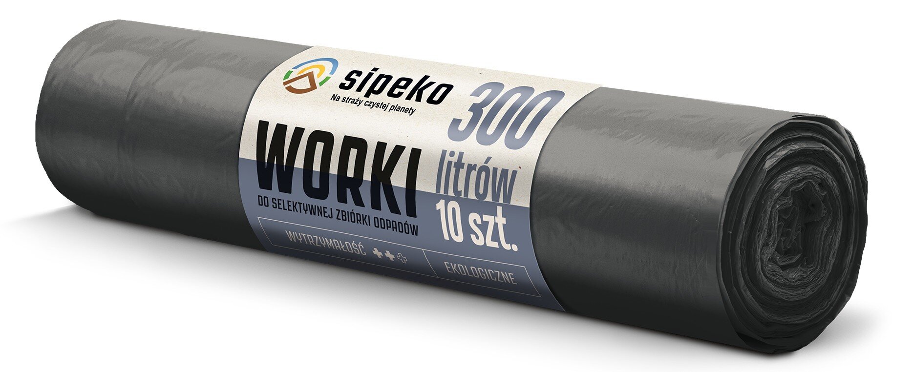 Rolka czarnych worków na śmieci z etykietą \'sipeko 300 litrów 10 szt. WORKI do selektywnej zbiórki odpadów\'.