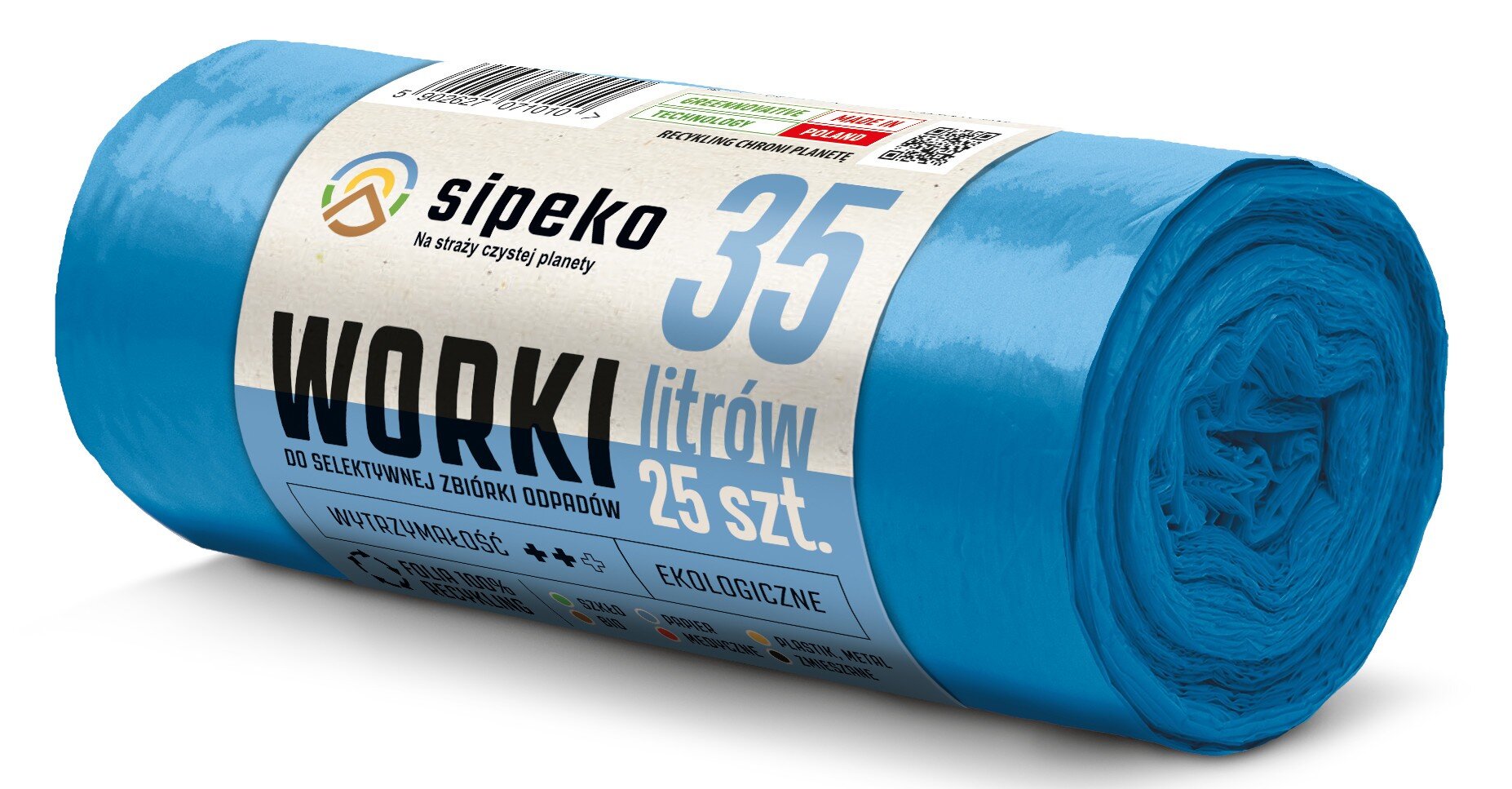 Zdjęcie przedstawia niebieską rolkę worków na śmieci z etykietą \'sipeko\' oraz napisem \'35 litrów 25 szt.\' i dodatkowymi informacjami o wytrzymałości i ekologiczności.