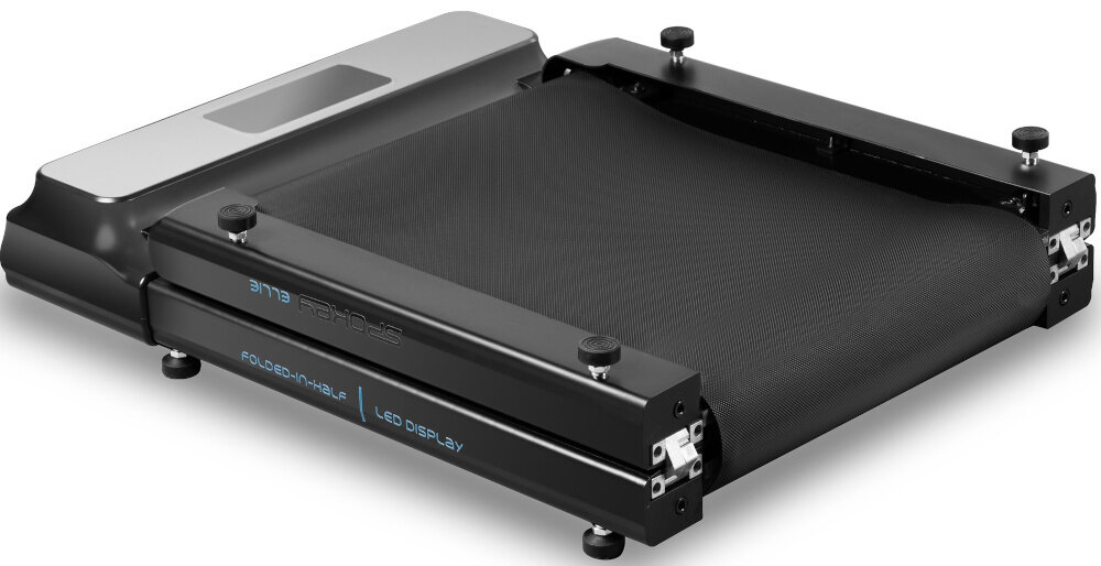 Na obrazie widoczna jest czarna bieżnia elektryczna z napisem \'FOLDABLE-IN-HALF LED DISPLAY\'.