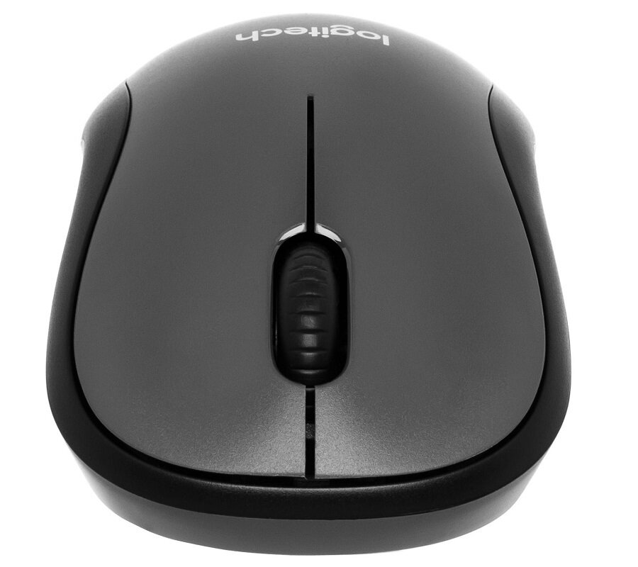 Czarna mysz komputerowa z logo \'logitech\' na górze, posiada dwa przyciski i rolkę przewijania pośrodku.
