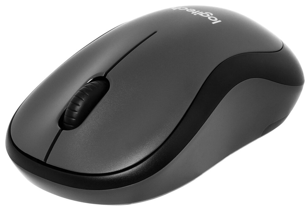 Czarna mysz komputerowa z logo \'logitech\' na górnej części obudowy. Mysz ma dwa przyciski i rolkę przewijania.