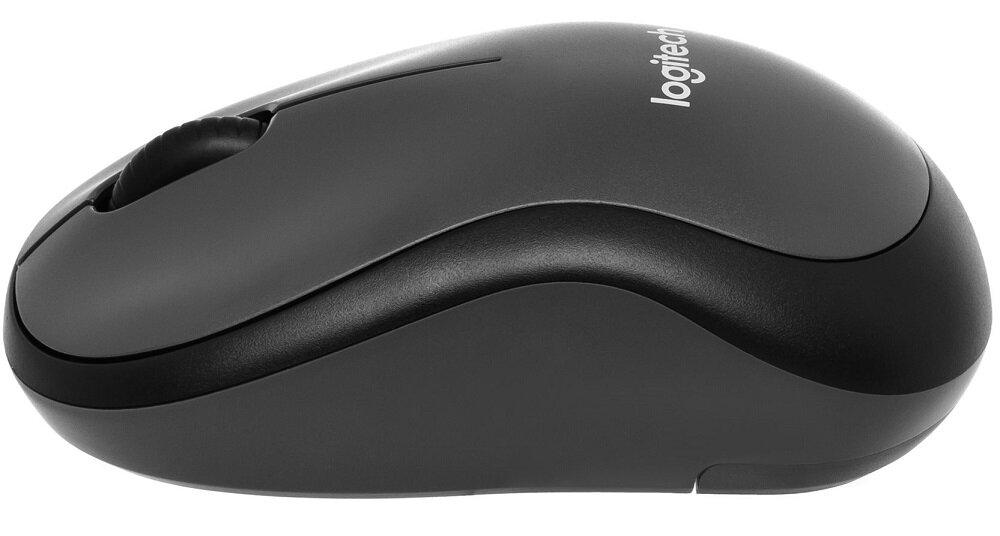 Czarna mysz komputerowa z logo \'logitech\' na górze, o opływowym kształcie i widocznym kółkiem przewijania.