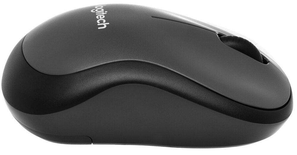 Czarna mysz komputerowa o opływowym kształcie z widocznym logo \'logitech\' na powierzchni. Mysz posiada dwa przyciski i rolkę przewijania.