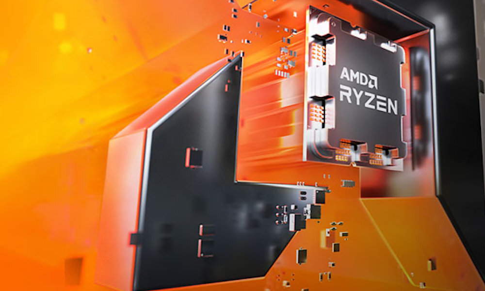 Obraz przedstawia stylizowaną grafikę z logo AMD Ryzen na tle pomarańczowych i czarnych elementów, przypominających fragmenty układu elektronicznego.