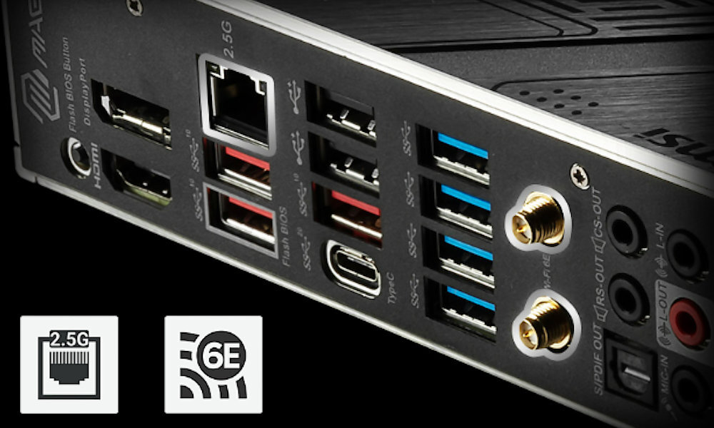 Zdjęcie przedstawia tylny panel płyty głównej z różnymi portami, w tym USB, HDMI, Ethernet oraz złączami audio. Na dole widoczne są ikony z napisami \'2.5G\' i \'6E\'.