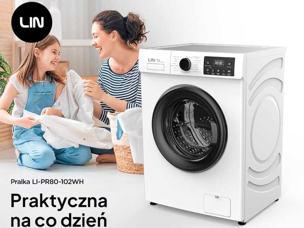 Na obrazie widoczna jest pralka LIN LI-PR80-102WH z otwartymi drzwiczkami, obok której siedzą dwie osoby z koszem na pranie. Tekst na obrazie: \'Pralka LI-PR80-102WH Praktyczna na co dzień\'.