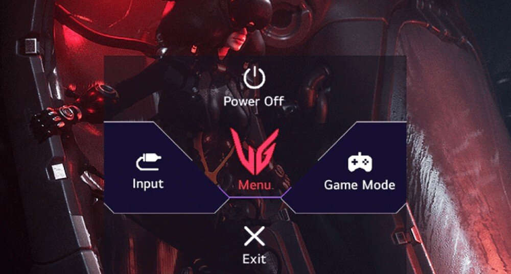 Na obrazie widoczny jest interfejs menu z opcjami: \'Power Off\', \'Input\', \'Menu\', \'Game Mode\' oraz \'Exit\'. W tle znajduje się postać w ciemnym stroju, a na środku widoczne jest logo \'VG\'.