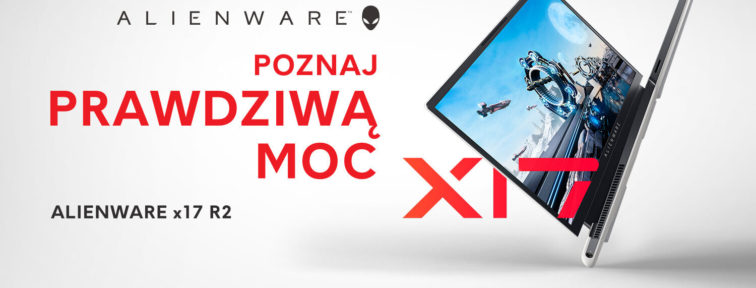 Obraz przedstawia laptopa z ekranem wyświetlającym dynamiczną grafikę. Widoczny tekst: \'ALIENWARE\', \'POZNAJ PRAWDZIWĄ MOC\', \'ALIENWARE x17 R2\'.