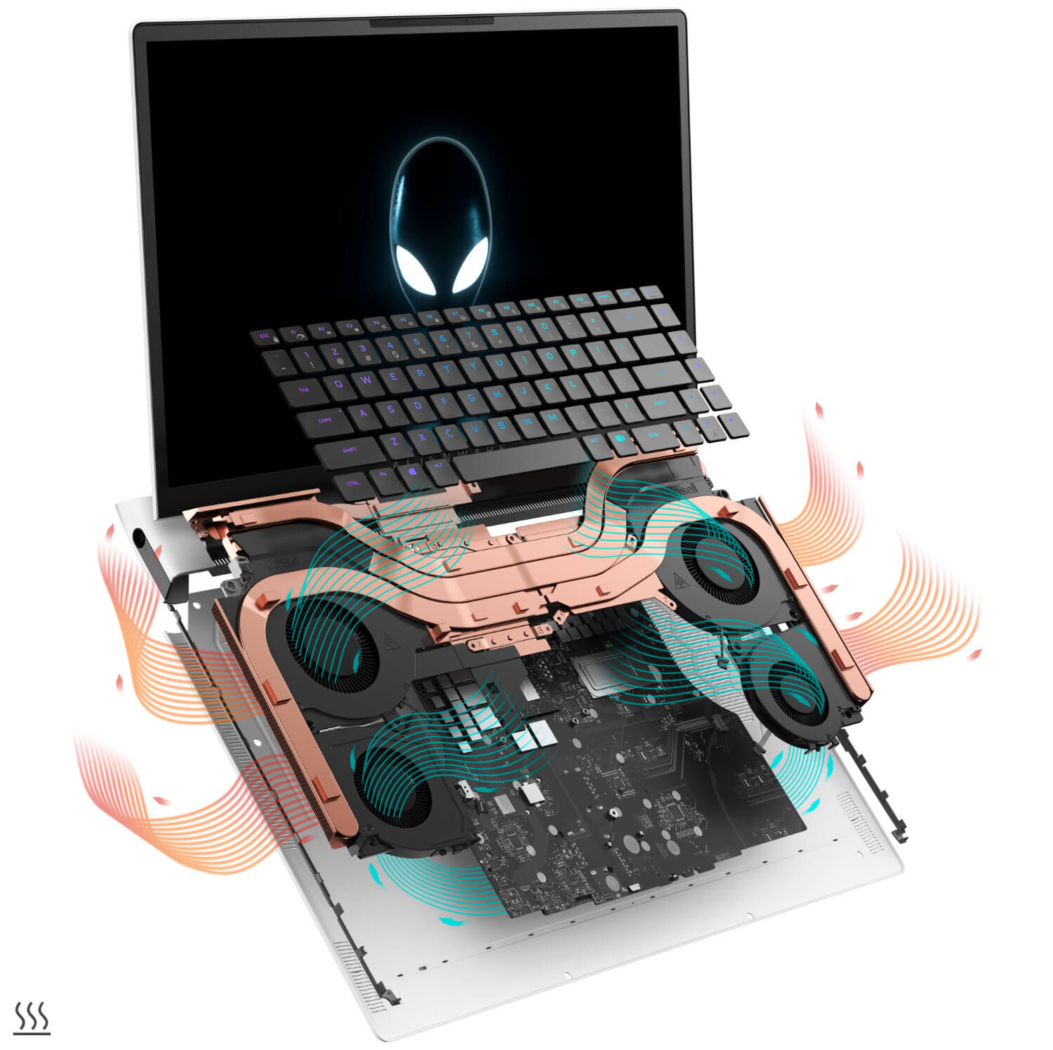 Obraz przedstawia rozłożony laptop z widocznymi komponentami wewnętrznymi, takimi jak klawiatura, system chłodzenia i płyta główna. Na ekranie widoczne jest logo w kształcie głowy z dużymi oczami.