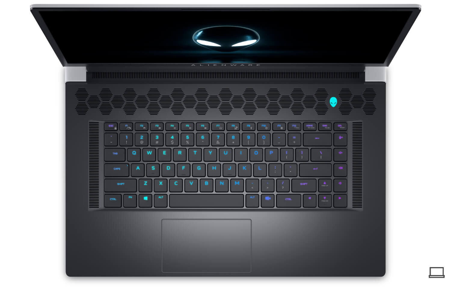 Laptop z podświetlaną klawiaturą i charakterystycznym logo w kształcie głowy obcego na obudowie. Na ekranie widoczne jest świecące logo w kształcie elipsy.