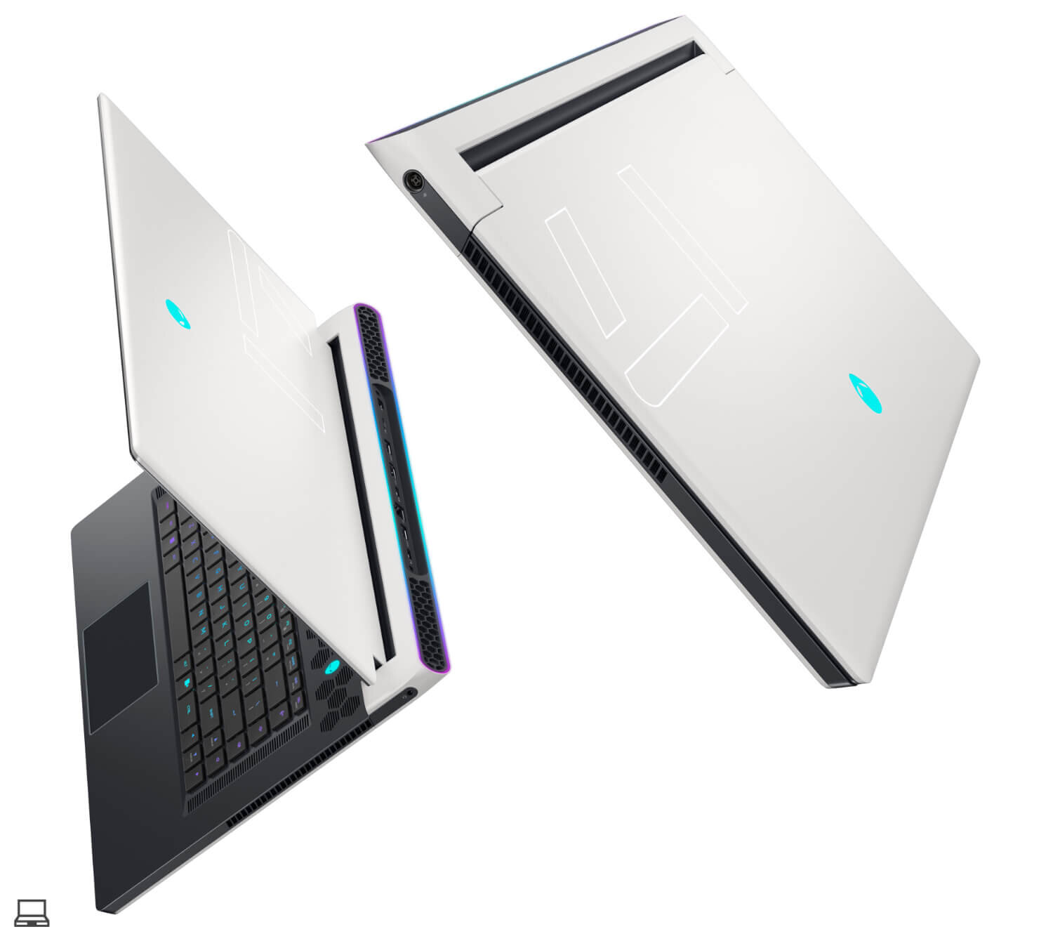 Obraz przedstawia dwa laptopy w kolorze białym z widocznym logo producenta. Laptopy są otwarte, ukazując klawiaturę i ekran, a jeden z nich ma podświetlenie na krawędzi.