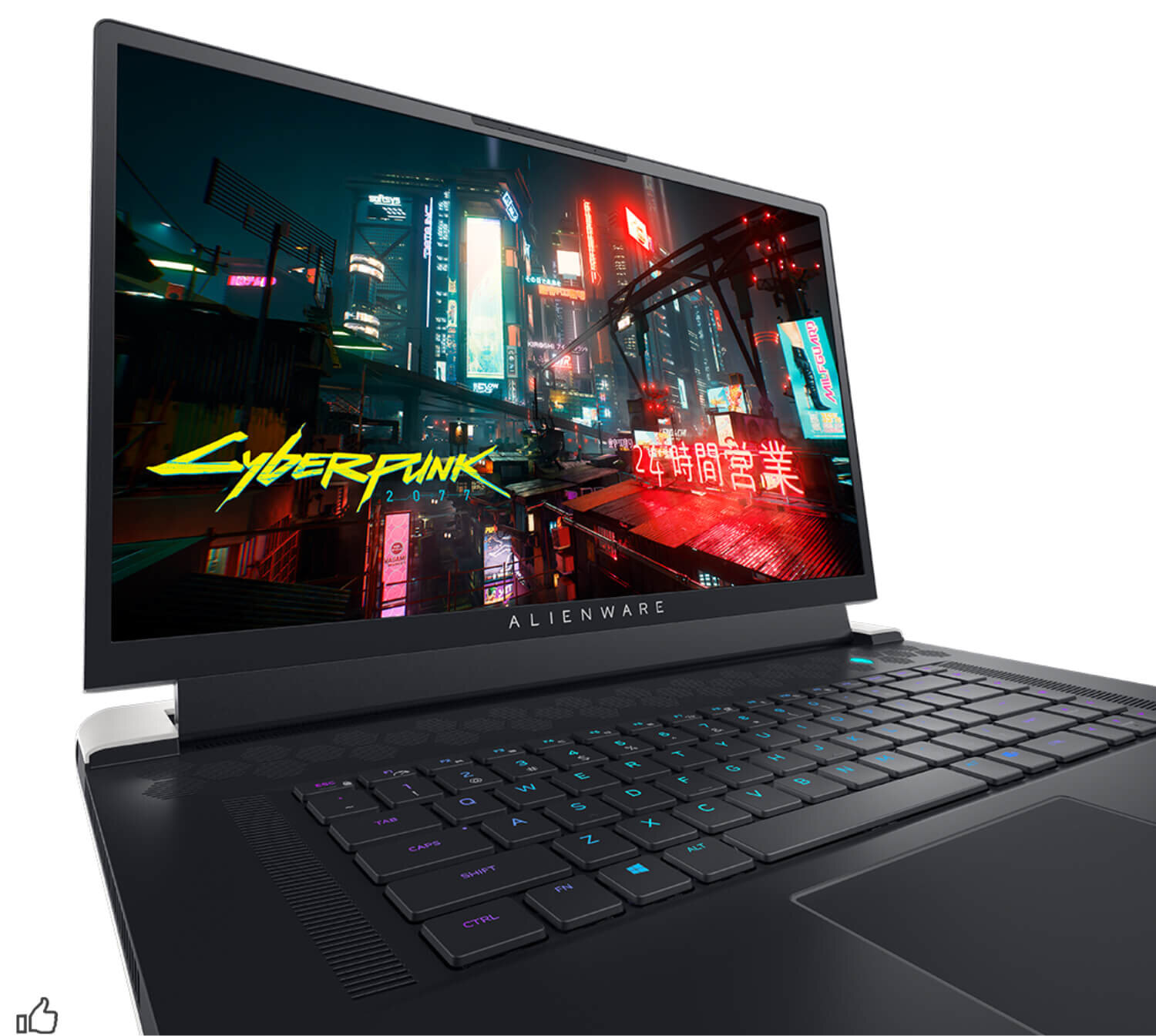 Laptop z wyświetlaczem pokazującym grafikę z gry \'Cyberpunk 2077\'. Na obudowie widoczne jest logo \'ALIENWARE\'.