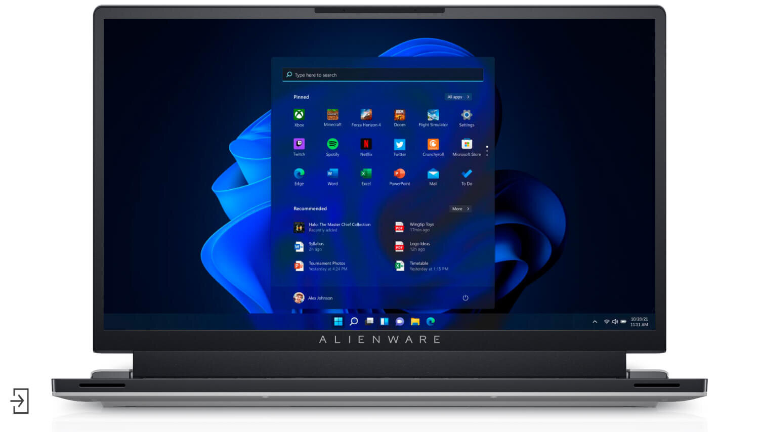 Laptop z widocznym ekranem, na którym wyświetlony jest pulpit systemu Windows 11 z otwartym menu Start. Na dolnej ramce ekranu znajduje się logo \'ALIENWARE\'.