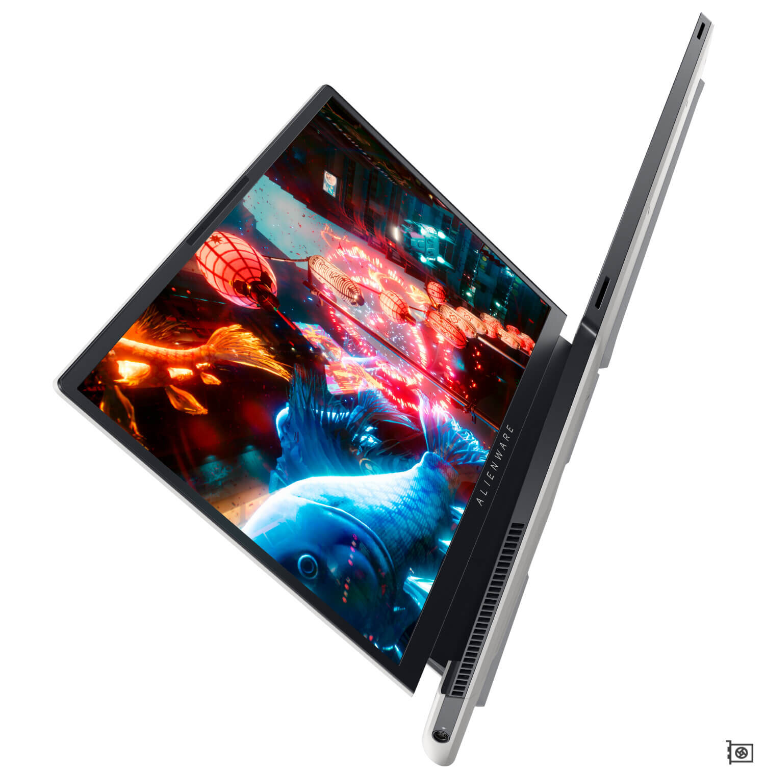Laptop z wyświetlaczem pokazującym kolorową grafikę z motywem ryb i lampionów. Na obudowie widoczny jest napis \'ALIENWARE\'.