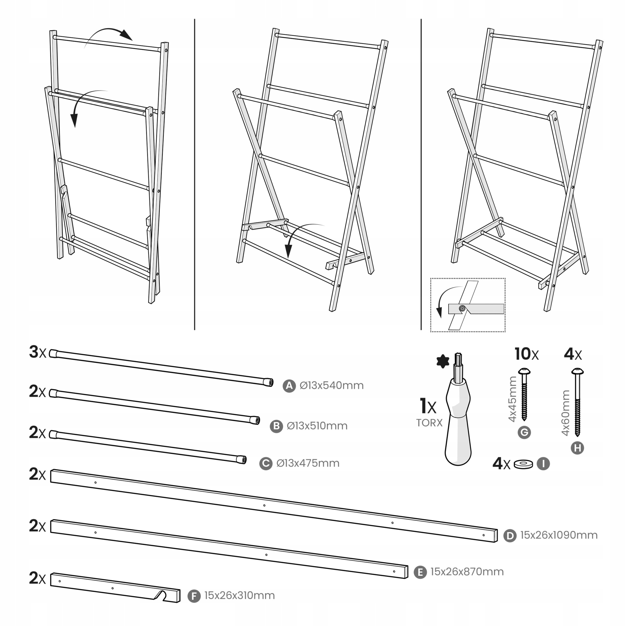 Ilustracja przedstawia instrukcję montażu drewnianego stojaka na ręczniki z trzema etapami składania. Widoczne są również elementy zestawu: różne długości drewnianych listew, śruby, podkładki oraz narzędzie TORX.