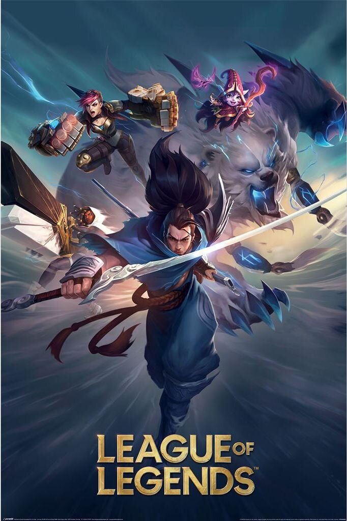 Plakat przedstawia dynamiczną scenę z postaciami z gry League of Legends w akcji. Na dole widnieje napis \'LEAGUE OF LEGENDS\'.