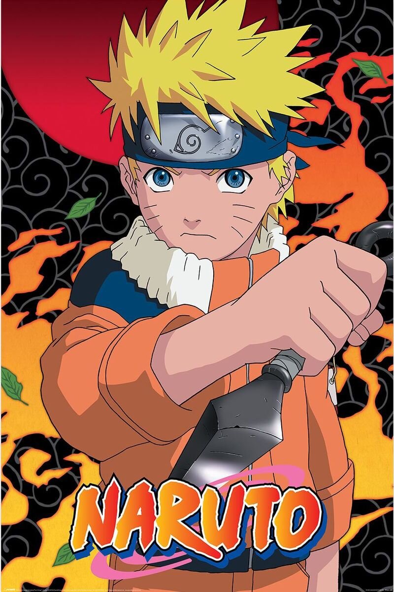 Plakat przedstawia postać z blond włosami w pomarańczowym stroju, trzymającą kunai. W tle widoczny jest czerwony okrąg oraz płomienie, a na dole napis \'NARUTO\'.