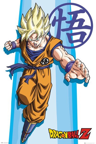 Plakat przedstawia postać z jasnymi włosami w dynamicznej pozie, ubranej w pomarańczowy strój z niebieskimi akcentami. W tle widoczny jest duży, niebieski symbol oraz logo \'Dragon Ball Z\' na dole.