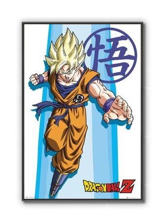 Plakat przedstawia postać z anime w dynamicznej pozie na tle niebieskiego pasa. Na dole widnieje logo \'Dragon Ball Z\'.