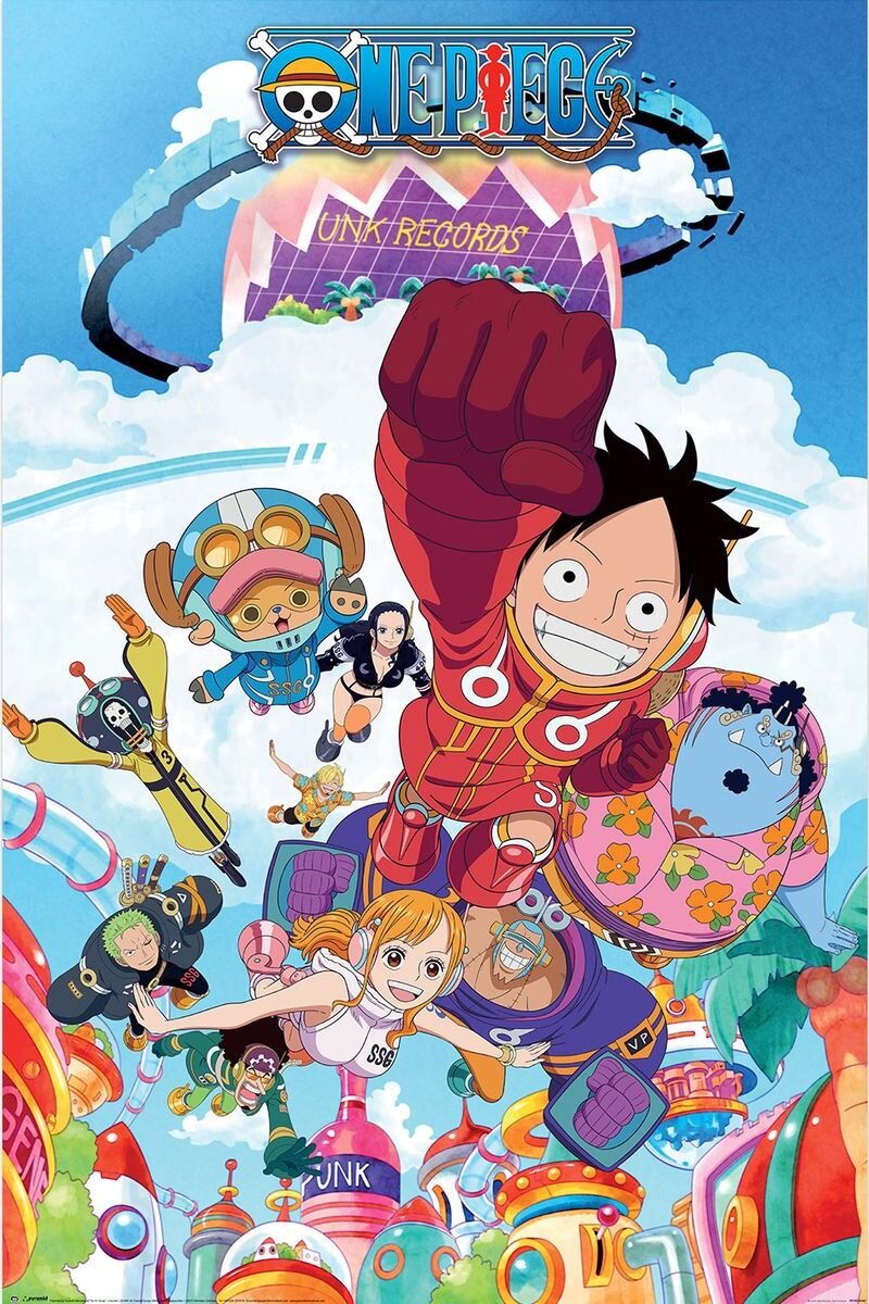 Plakat przedstawia grupę postaci z anime w dynamicznej pozie na tle kolorowego, futurystycznego miasta. Na górze widnieje napis \'ONE PIECE PUNK RECORDS\'.