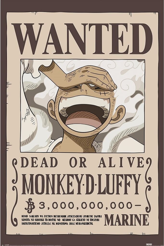 Plakat przedstawia postać z szeroko otwartymi ustami i ręką na czole, otoczoną białymi chmurami. Na plakacie widnieje tekst: \'WANTED DEAD OR ALIVE MONKEY D. LUFFY ,000,000,000 MARINE\'.