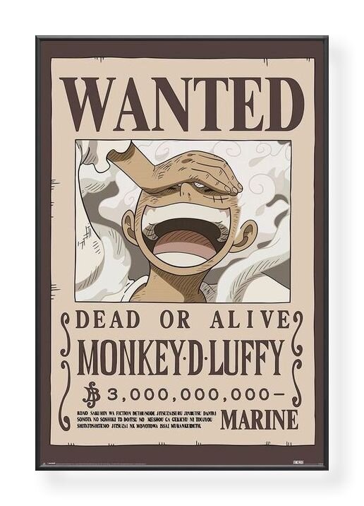 Plakat przedstawia postać z szeroko otwartymi ustami i ręką na czole, z napisem \'WANTED\' na górze. Tekst na plakacie: \'DEAD OR ALIVE MONKEY D. LUFFY 3,000,000,000 MARINE\'.