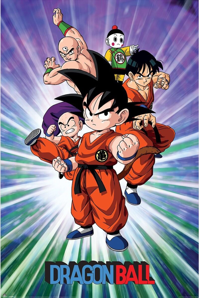 Plakat przedstawia pięć postaci z anime w dynamicznych pozach na tle rozmytych kolorowych promieni. Na dole widnieje napis \'DRAGON BALL\'.