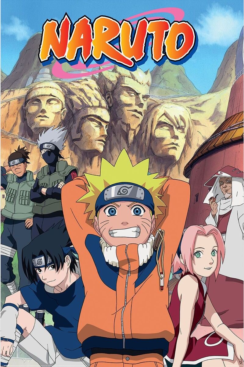 Plakat przedstawia postacie z anime na tle gór z wyrzeźbionymi twarzami. Na górze widnieje napis \'NARUTO\'.