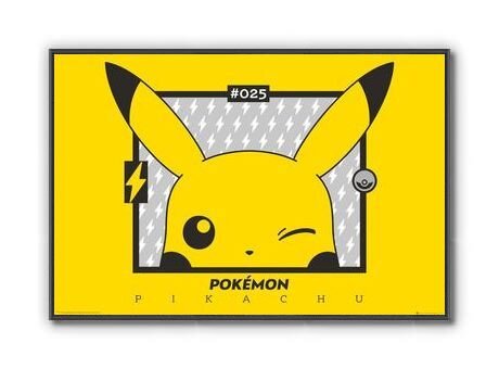 Plakat przedstawia postać Pikachu na żółtym tle z błyskawicami, z jednym okiem zamkniętym w geście mrugnięcia. Na górze widnieje napis \'#025\', a na dole \'POKÉMON PIKACHU\'.