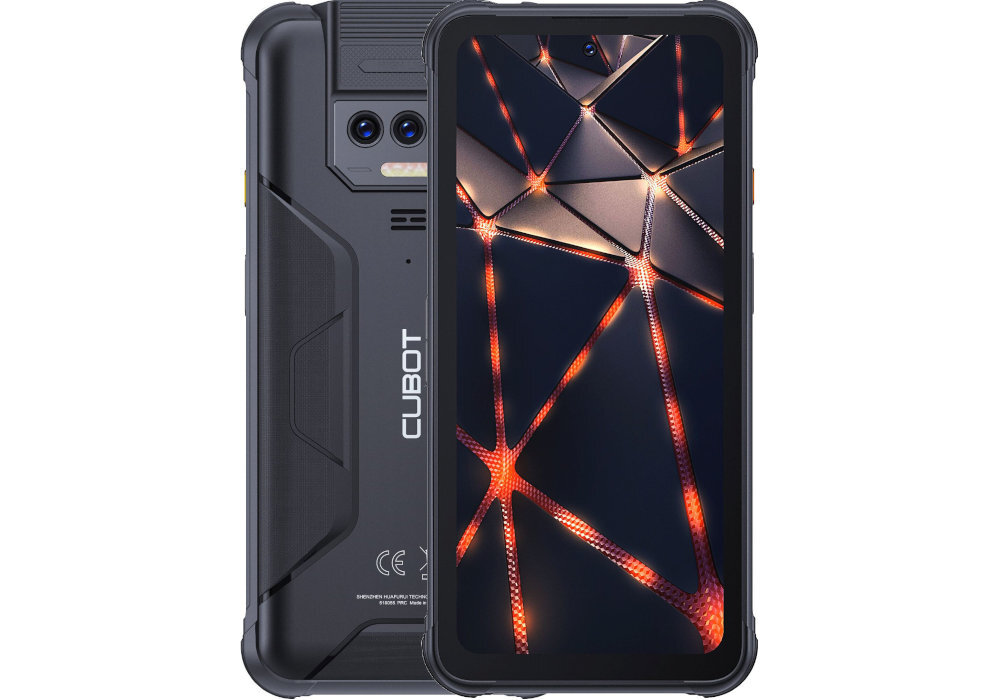 Smartfon z wyświetlaczem o wzorze przypominającym sieć świetlną oraz tylną obudową z widocznym logo \'CUBOT\'.