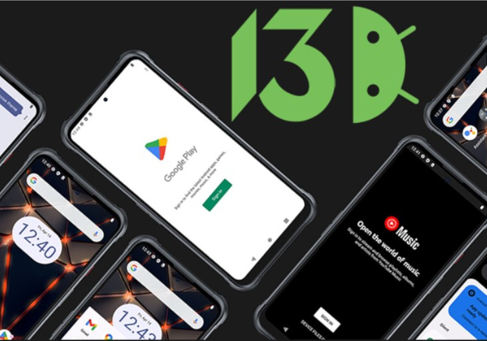 Na obrazie widoczne są smartfony z różnymi ekranami aplikacji, w tym Google Play i YouTube Music. W tle znajduje się zielone logo z numerem 13 i symbolem robota.
