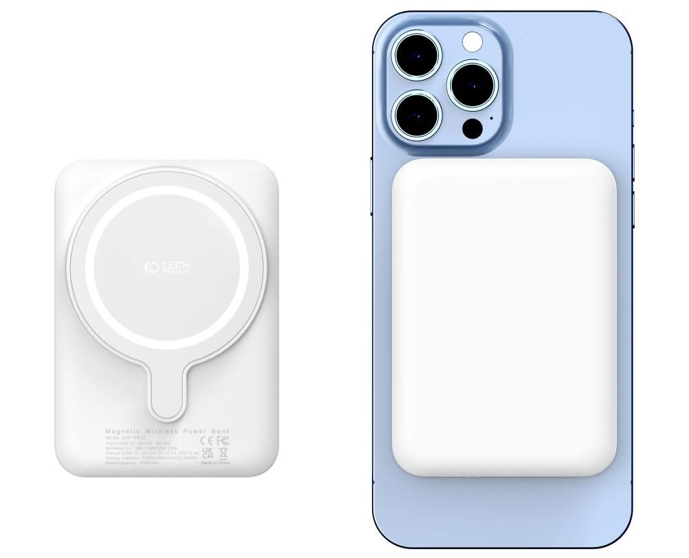 Na obrazie widoczny jest biały powerbank z okrągłym wzorem i napisem \'TECH-PROTECT\' oraz smartfon z zamocowanym powerbankiem na tylnej obudowie. Powerbank ma gładką powierzchnię i prostokątny kształt.