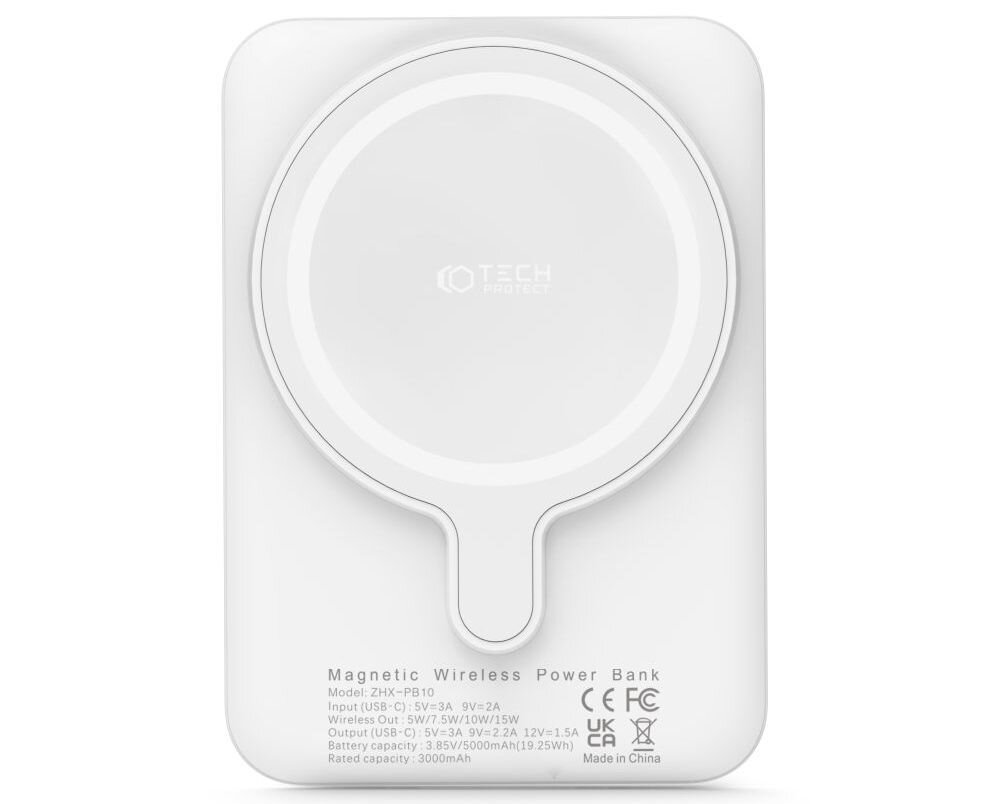 Biały powerbank z okrągłym, magnetycznym obszarem ładowania i logo \'TECH-PROTECT\' na górze. Na dole widoczny jest tekst: \'Magnetic Wireless Power Bank Model: ZHX-PB10 Input (USB-C): 5V=3A, 9V=2A Wireless Out: 5W/7.5W/10W/15W Output (USB-C): 5V=3A, 9V=2.22A, 12V=1.5A Battery capacity: 3.85V/5000mAh (19.25Wh) Rated capacity: 3000mAh\' oraz symbole CE, FCC, UKCA i napis \'Made in China\'.