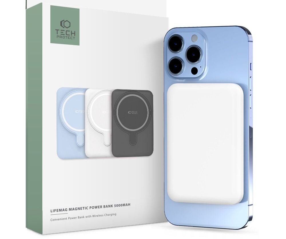Na obrazie znajduje się niebieski smartfon z przymocowanym białym powerbankiem oraz opakowanie z logo TECH-PROTECT. Na opakowaniu widnieje napis: \'LIFEMAG MAGNETIC POWER BANK 5000MAH\'.