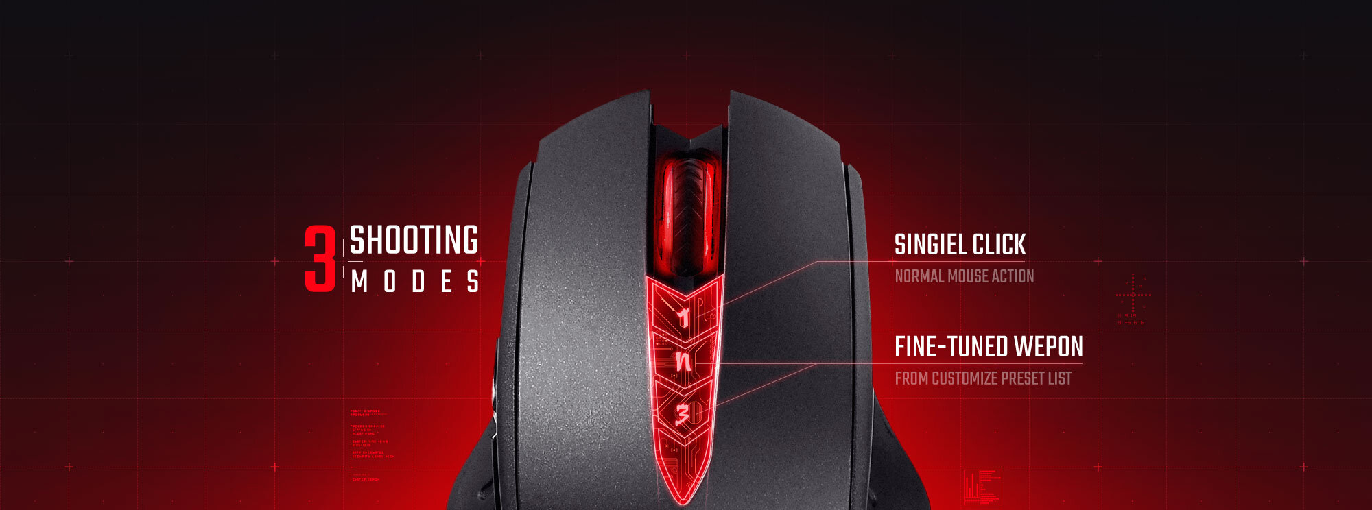 Obraz przedstawia mysz komputerową z czerwonym podświetleniem i trzema trybami strzelania oznaczonymi jako 1, N, 3. Widoczny tekst to: \'3 SHOOTING MODES\', \'SINGIEL CLICK NORMAL MOUSE ACTION\', \'FINE-TUNED WEPON FROM CUSTOMIZE PRESET LIST\'.