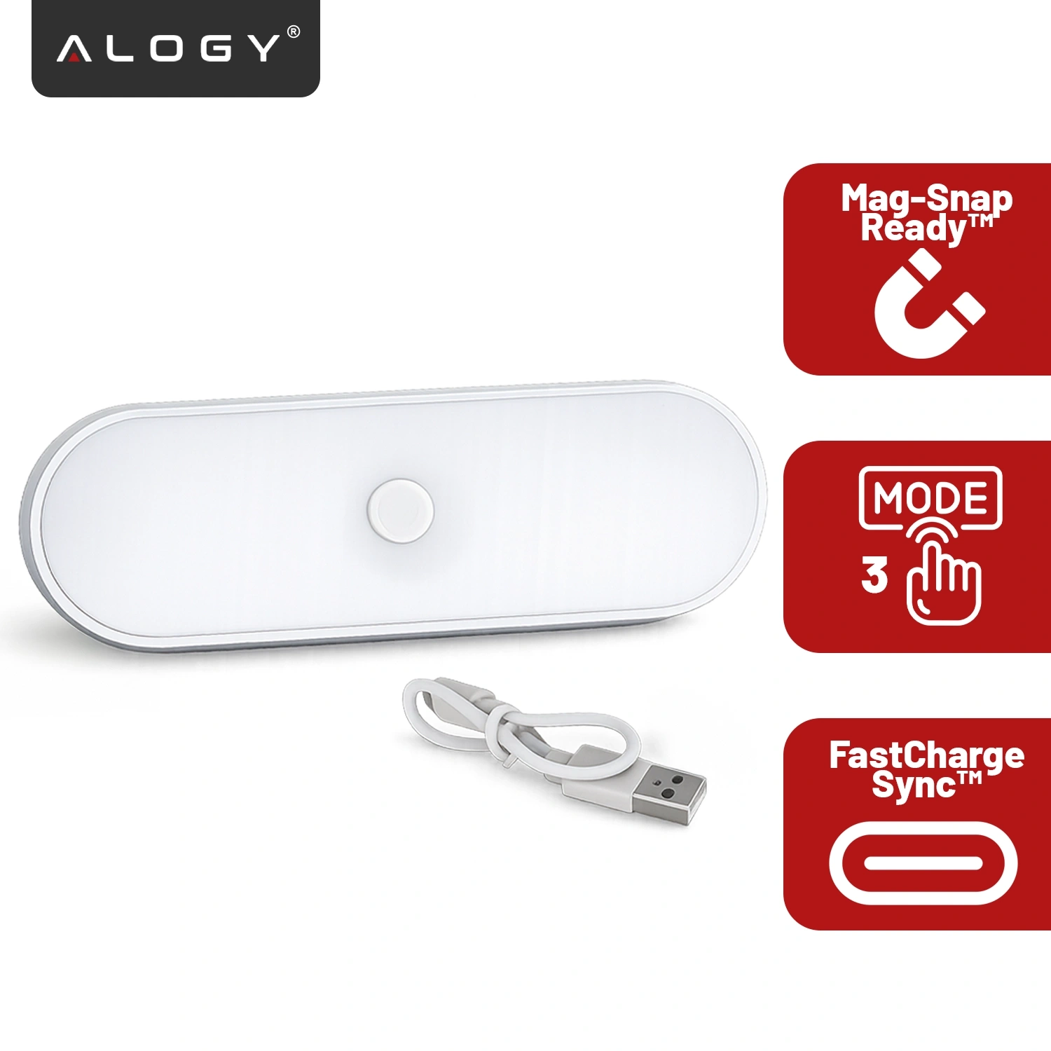 Obraz przedstawia białą, podłużną lampkę LED z przyciskiem na środku oraz kabel USB. Obok znajdują się ikony z napisami: \'Mag-Snap Ready™\', \'MODE 3\', \'FastCharge Sync™\'.