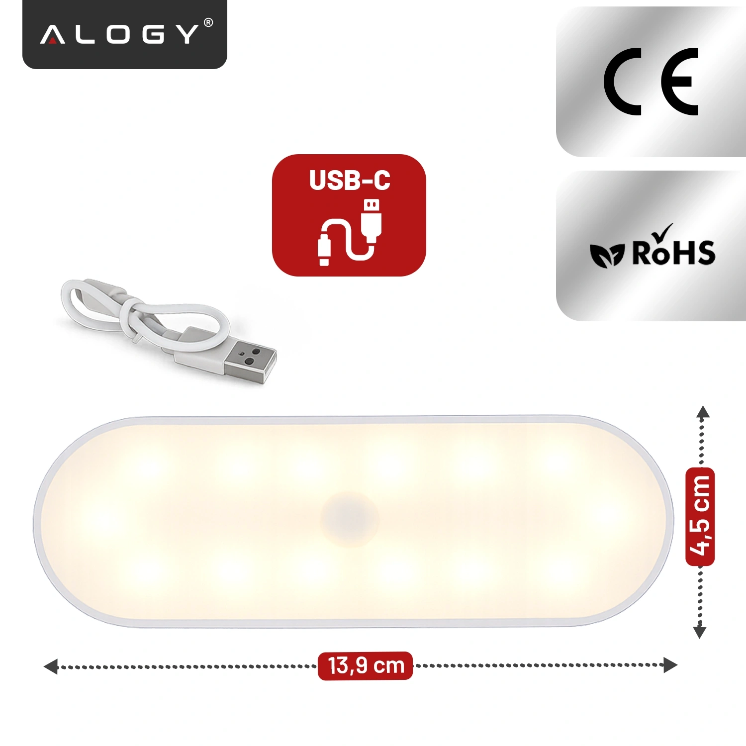 Obraz przedstawia białą, podłużną lampkę LED z zaokrąglonymi końcami, o wymiarach 13,9 cm na 4,5 cm. Obok znajduje się kabel USB-C oraz logo \'ALOGY\', a także oznaczenia \'CE\' i \'RoHS\'.