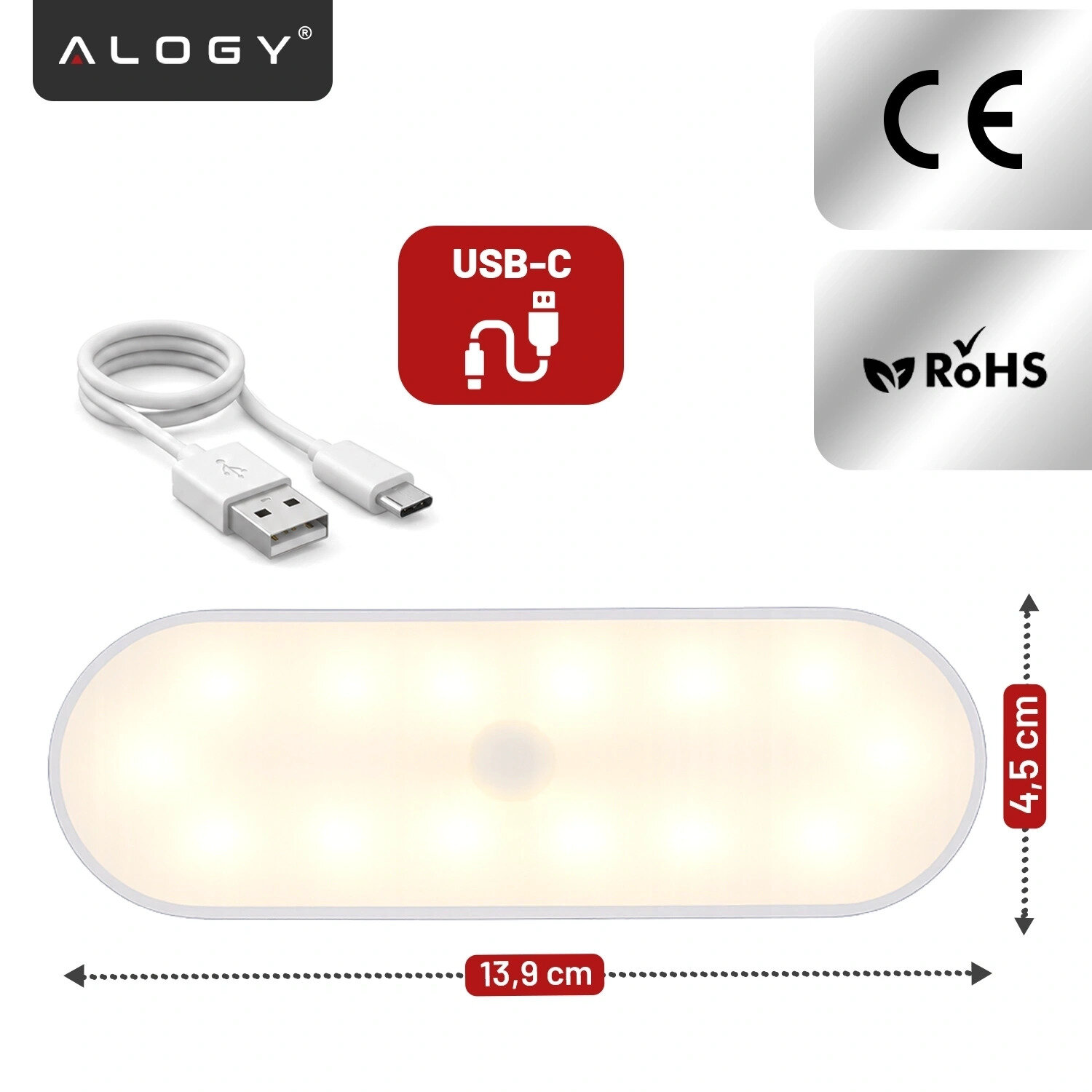 Obraz przedstawia białą, podłużną lampkę LED z zaokrąglonymi końcami, o wymiarach 13,9 cm na 4,5 cm. Obok znajduje się biały kabel USB-C oraz oznaczenia CE i RoHS.