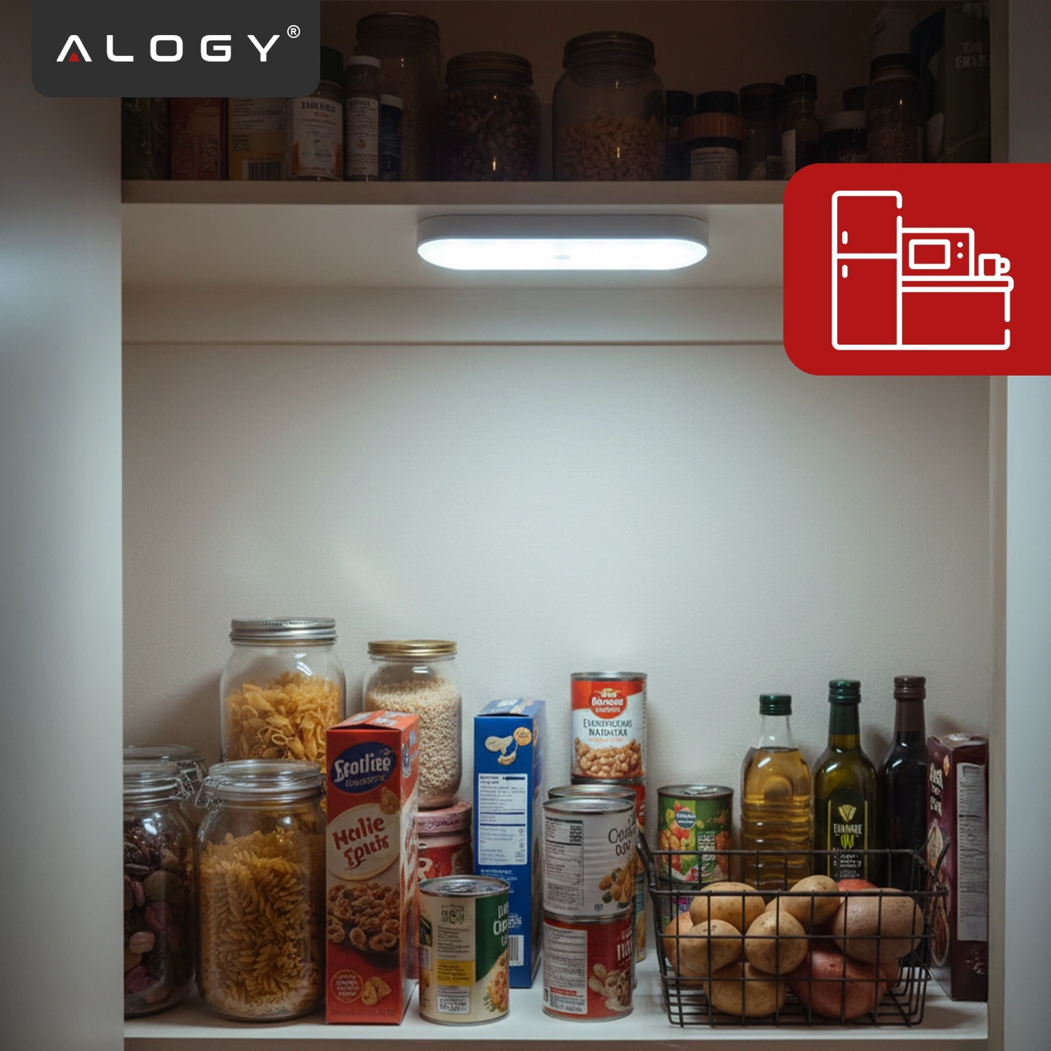 Na obrazie widać półkę kuchenną z różnymi produktami spożywczymi, nad którą zamontowana jest świecąca lampka LED. W lewym górnym rogu znajduje się logo \'ALOGY\'.