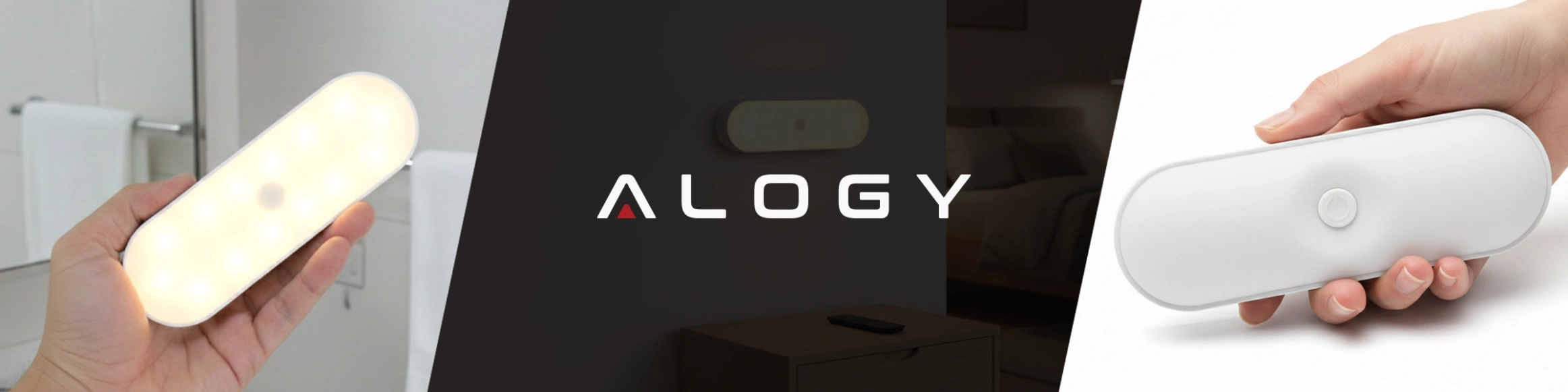 Obraz przedstawia trzy ujęcia lampki nocnej LED. Na środku widoczne jest logo \'ALOGY\'.