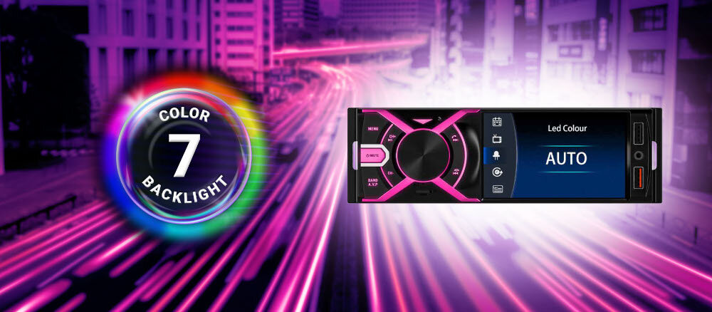 Obraz przedstawia radio samochodowe z wyświetlaczem pokazującym tekst \'Led Colour AUTO\'. Obok widoczny jest kolorowy okrąg z napisem \'7 COLOR BACKLIGHT\'.