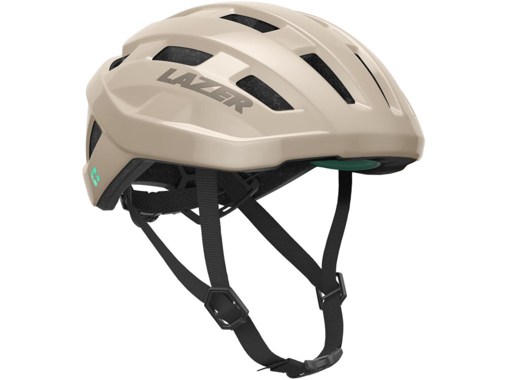 Beżowy kask rowerowy z widocznym logo \'LAZER\' i czarnymi paskami. Kask posiada otwory wentylacyjne i możliwość zamontowania lampki.