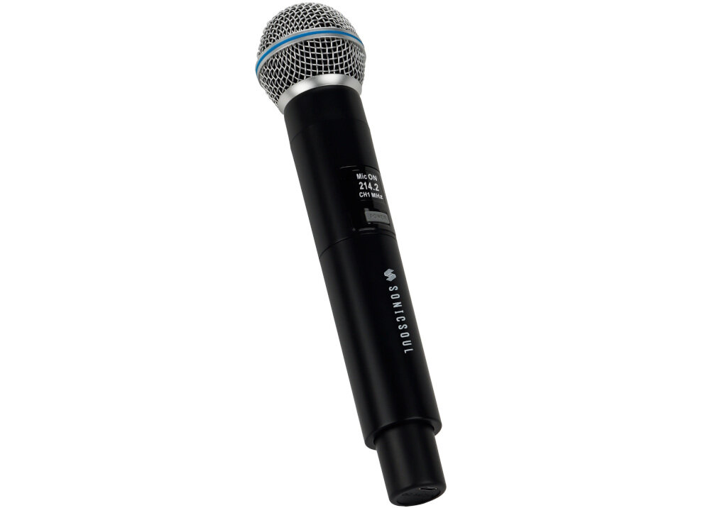 Czarny mikrofon bezprzewodowy z metalową siatką na górze, oznaczony napisem \'SONICSOUL\'. Widoczny jest również tekst \'Mic ON 214.2 CH1 MUTE\'.